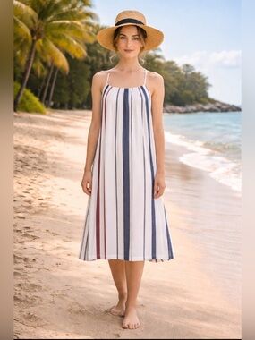 Tommy Bahama  Spaghetti‑Strap Midi Dress. White with Navy & Red